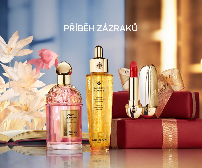 Kosmetické produkty Guerlain – parfém Aqua Allegoria, sérum Abeille Royale a červená rtěnka, luxusní balení na pozadí s květinami a dárkovými krabičkami, text Příběh zázraků.